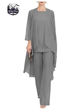 3 Piece Chiffon Pant Suit Formal Wedding Mother of Bride Outfit Set